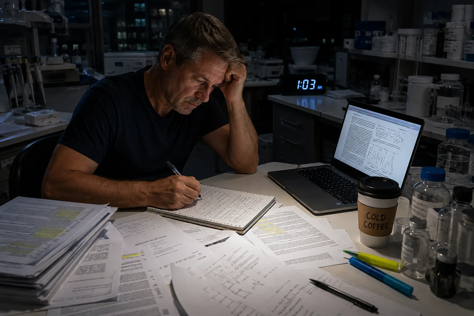 Alone in the lab at 1am reading scientific studies
